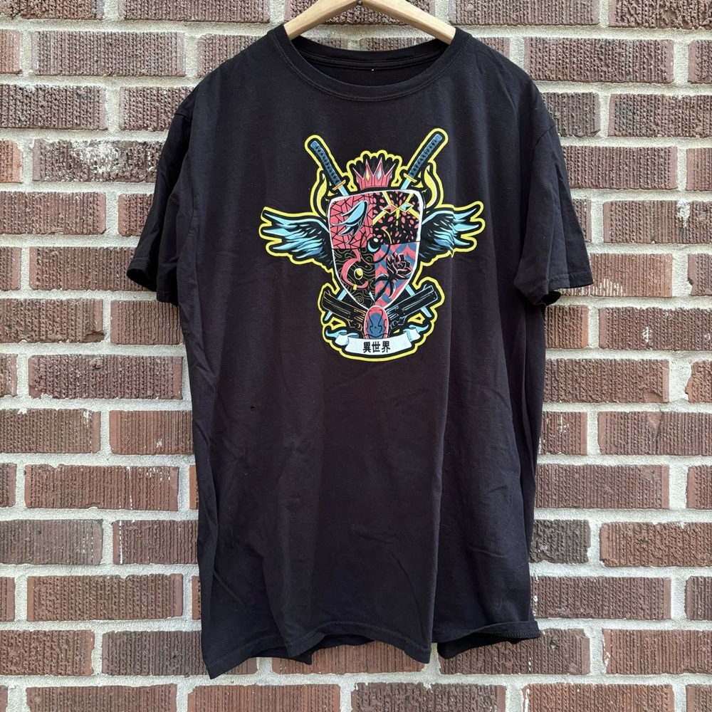 Akibento black shirt w/symbols of various anime No Game No Life  Konosuba Sz L